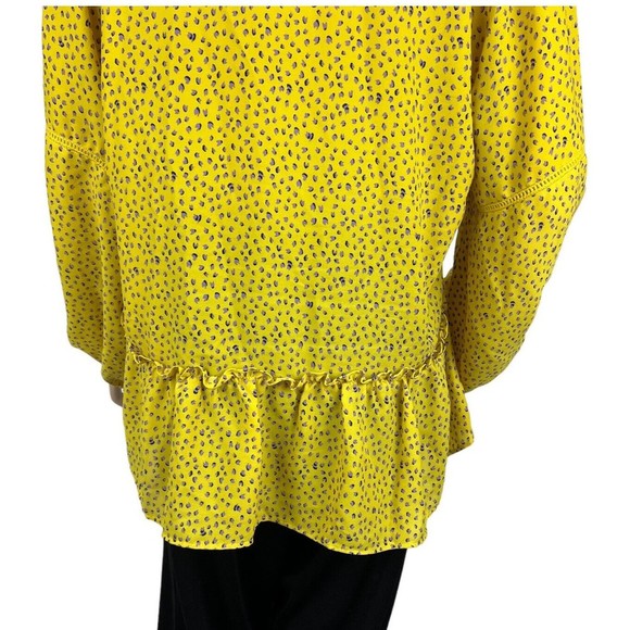 Pleione Anthropologie Yellow Top w/purple Dots LARGE Crochet Trim Ruffle Hem - Picture 8 of 11